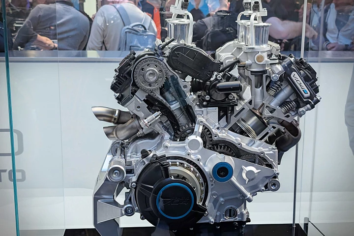 The new V4 uses a MotoGP-inspired counterrotating crankshaft that aids in quick riding dynamics, counteracts gyroscopic forces, and lessens a bike's tendency to wheelie