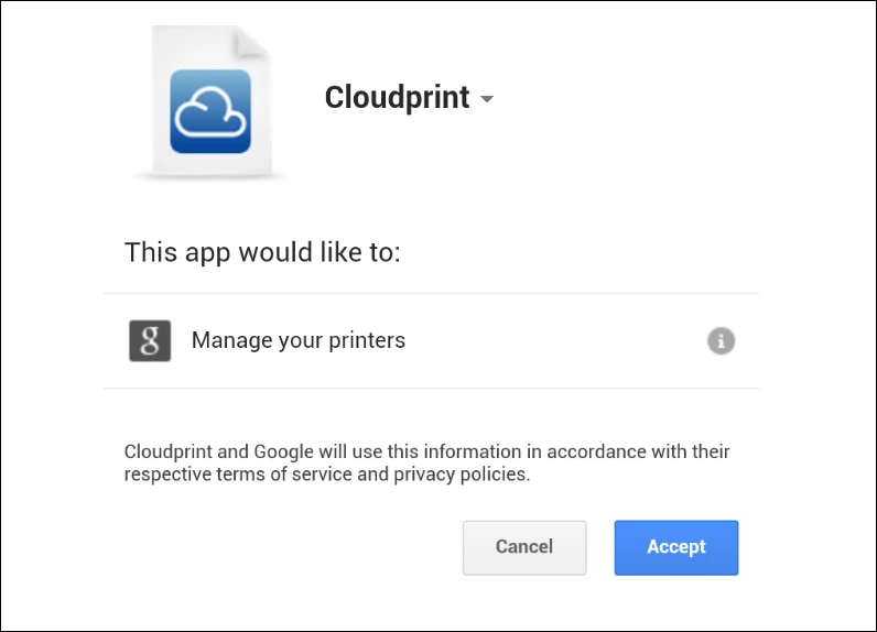 The Cloud Print app will need access to your printers