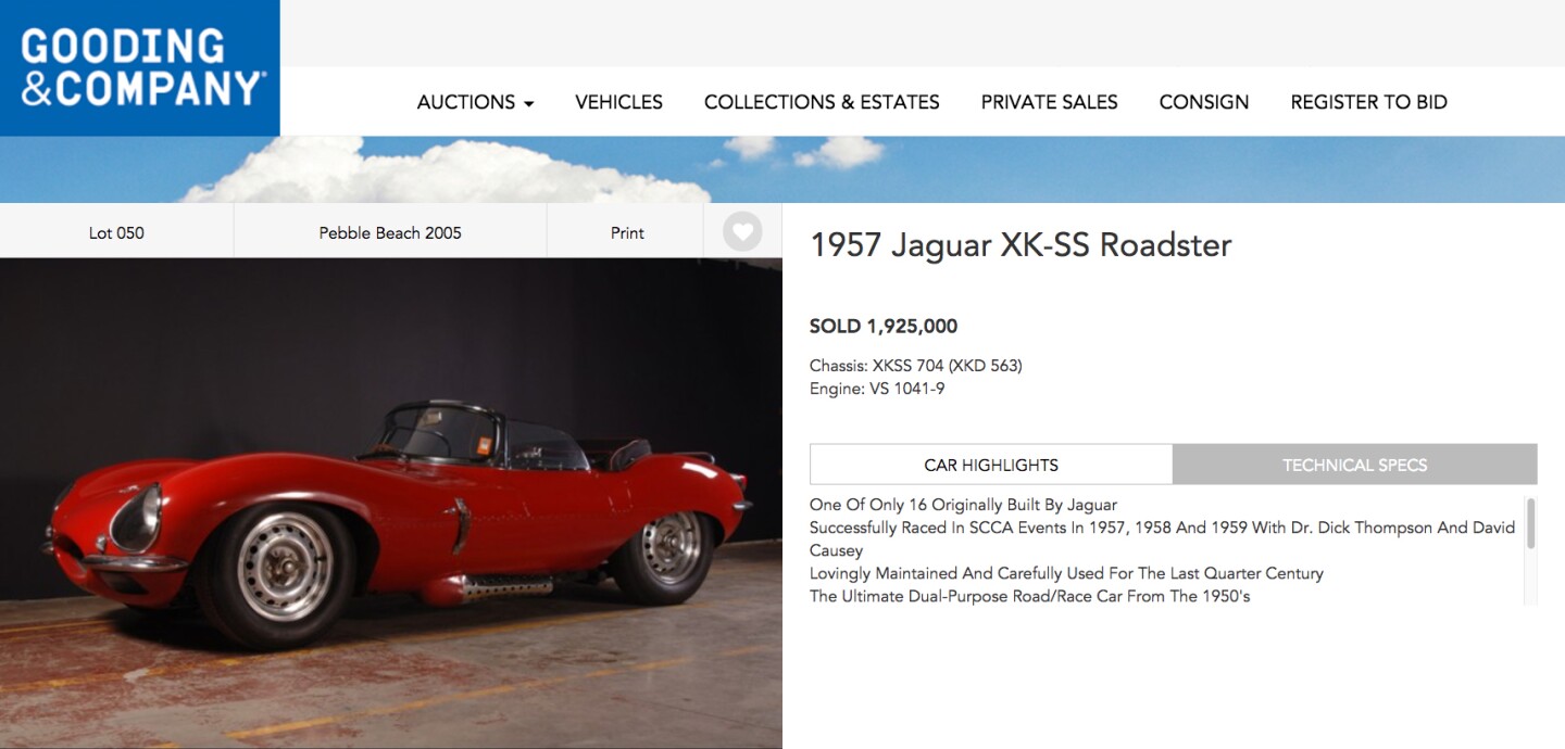 The last XKSS to sell publicly fetched $1,925,000 at Pebble Beach in 2005, selling with a spectacular provenance that included many successful in-period race starts in the hands of Dr Dick Thompson, "the flying dentist."