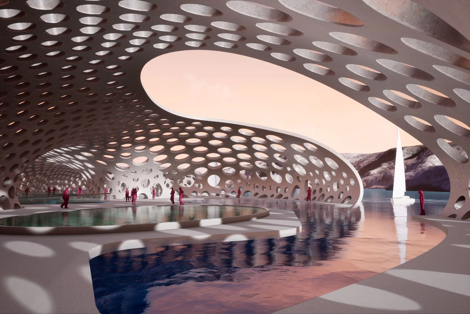 Winner of the Coup de Coeur (or judge’s favorite) in the Innovation and Architecture for the Sea category is BIOLUM_REEF, an artificial bioluminescent reef 3D printed from plastic waste. The structure produces its own energy, helps boats with navigation and holds habitats available to the general public