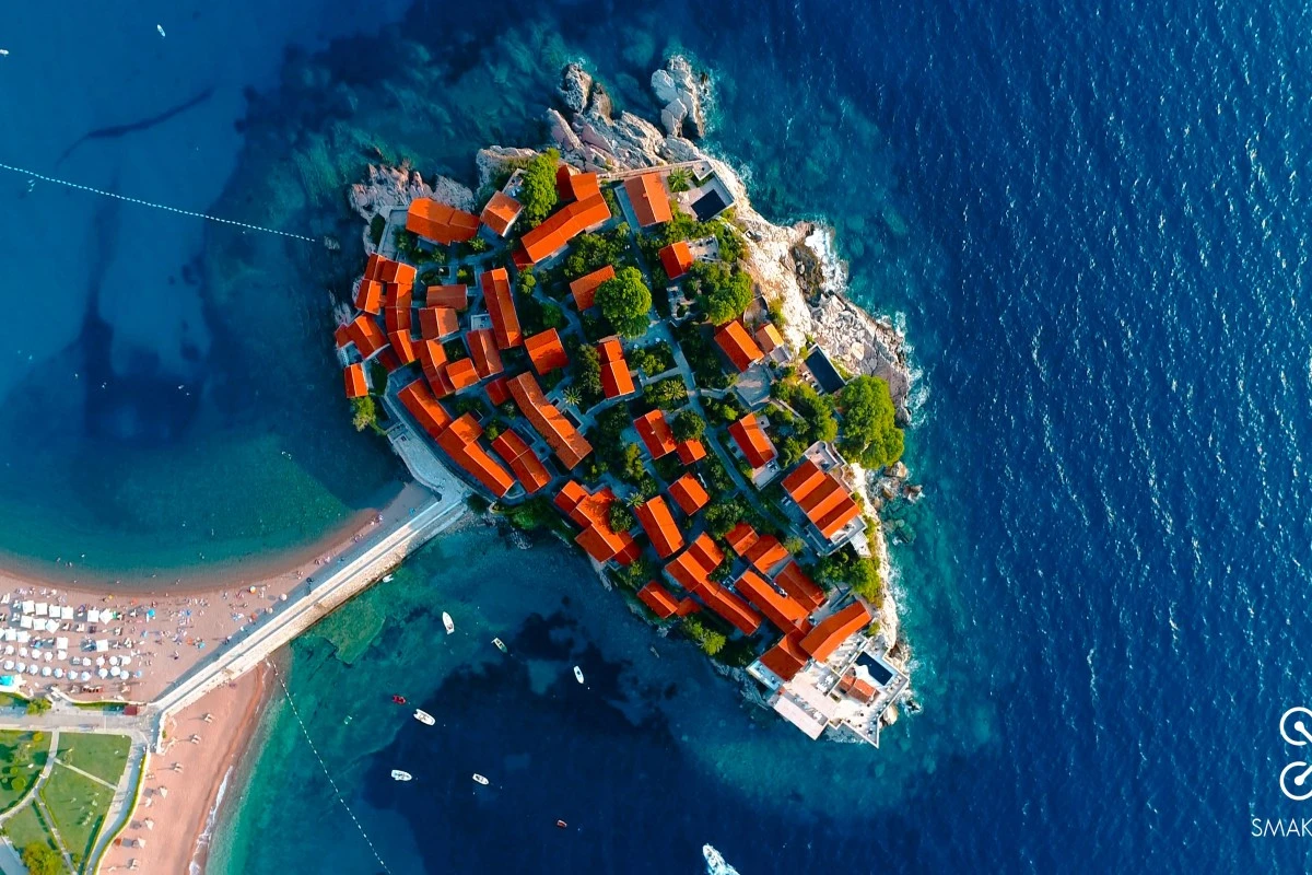 Aerial shot of Sveti Stefan hotel in Montenegro