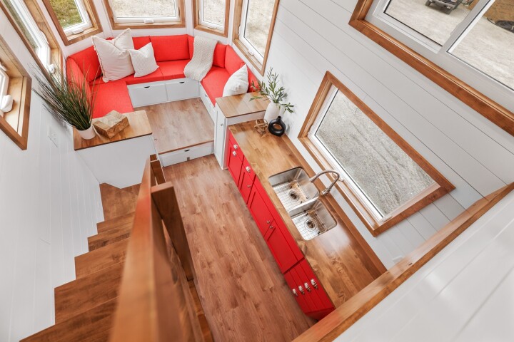 The Honeylion's living room seats up to six people and can be transformed into a sleeping area