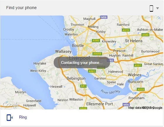 A map indicating that Google is contacting the user's phone is displayed in the search results, before the eventual location is displayed