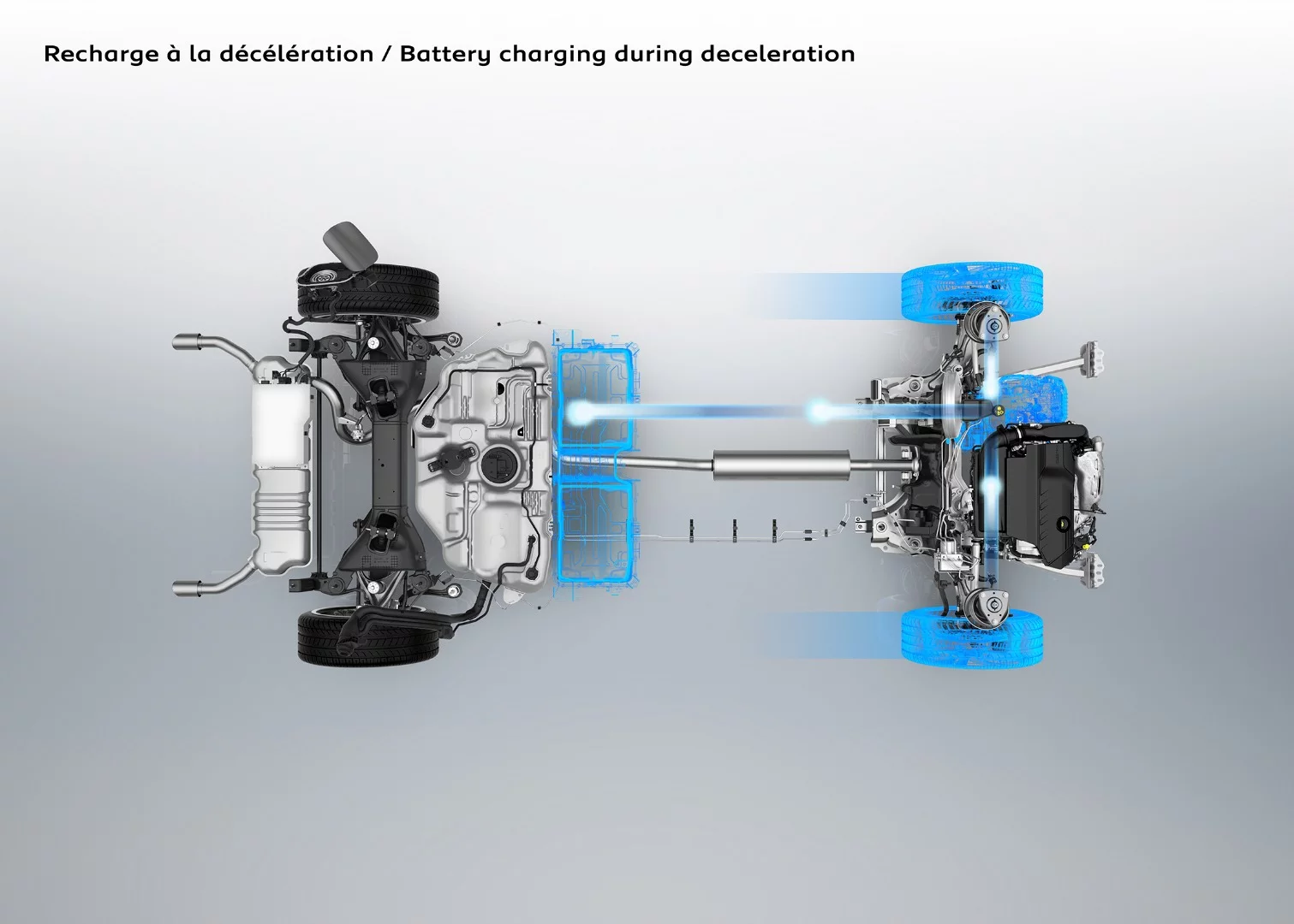 This graphic depicts regenerative braking as the vehicle slows and uses the kinetic energy to produce electricity to store in its batteries