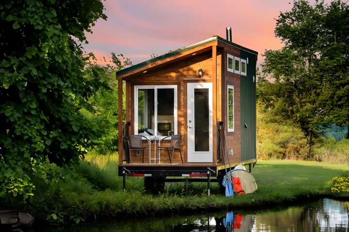 The Little Lodge is a compact two-person tiny house that's fronted by a small porch