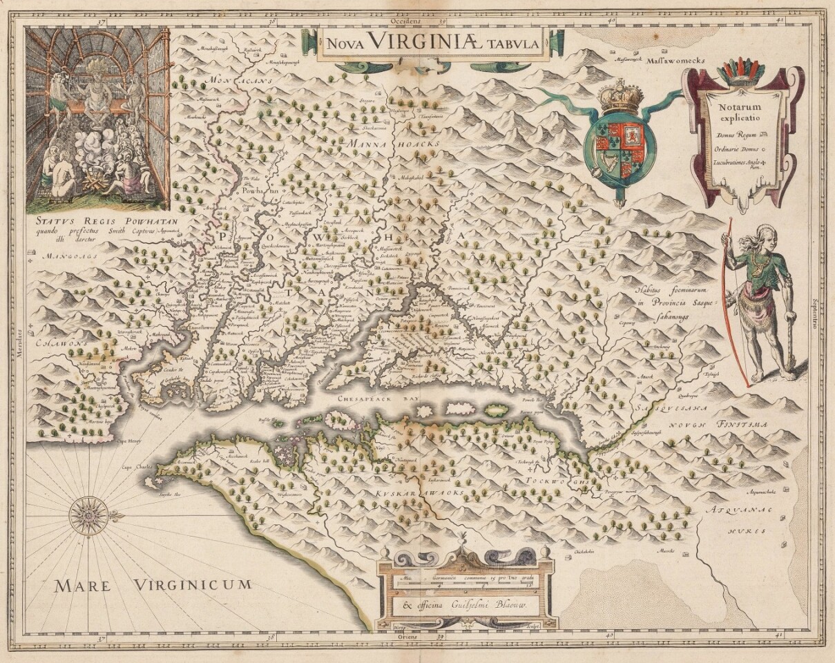 A fine example of Blaeu's map of Virginia and the Chesapeake region, which was based upon James Smith's map of Virginia, the most important map of Virginia published in the 17th Century. This 1640 map is estimated to sell for between $1,500 and $2,500.