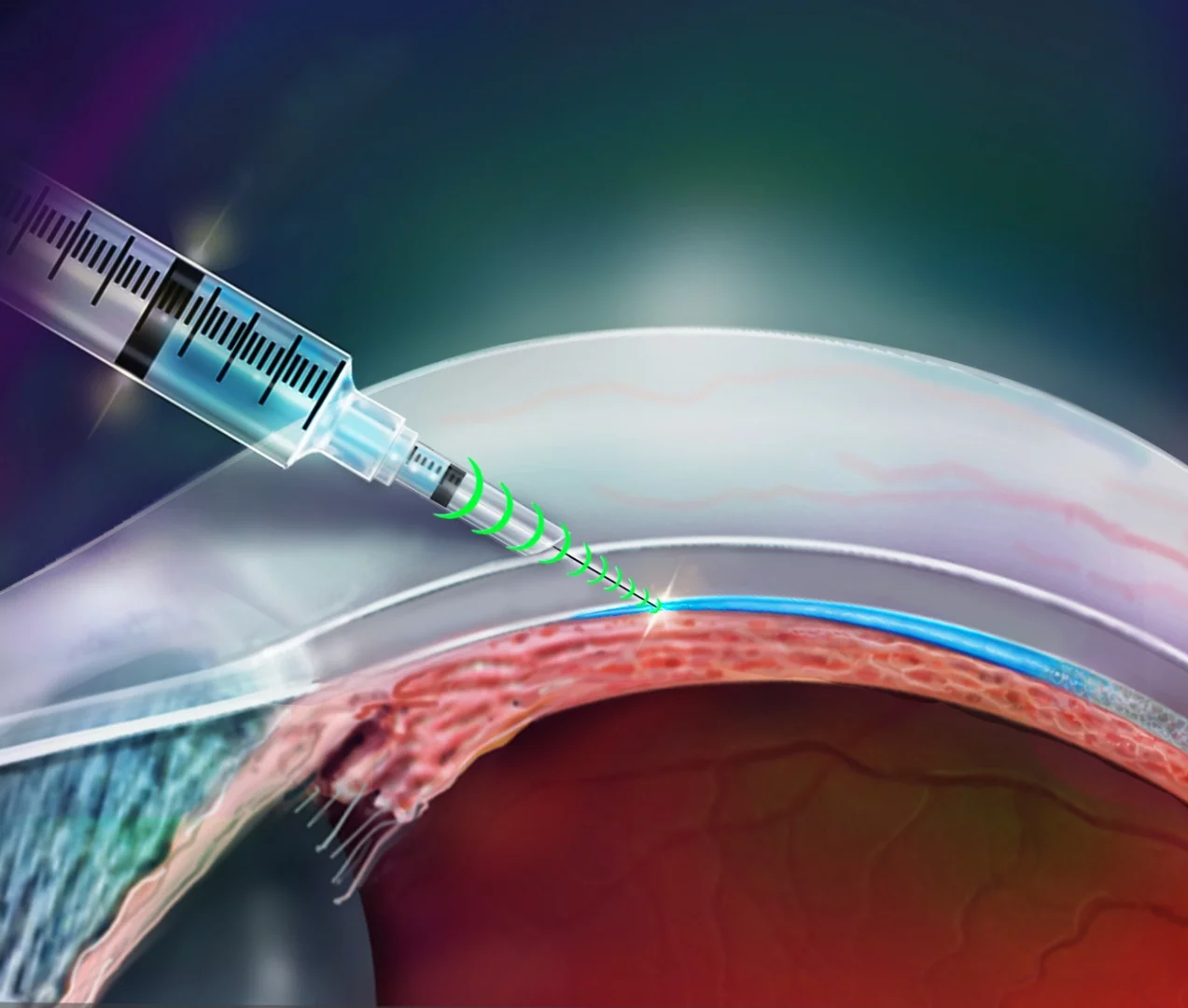 An illustration of the i2T2 needle being used to deliver medication to the eye's suprachoroidal space