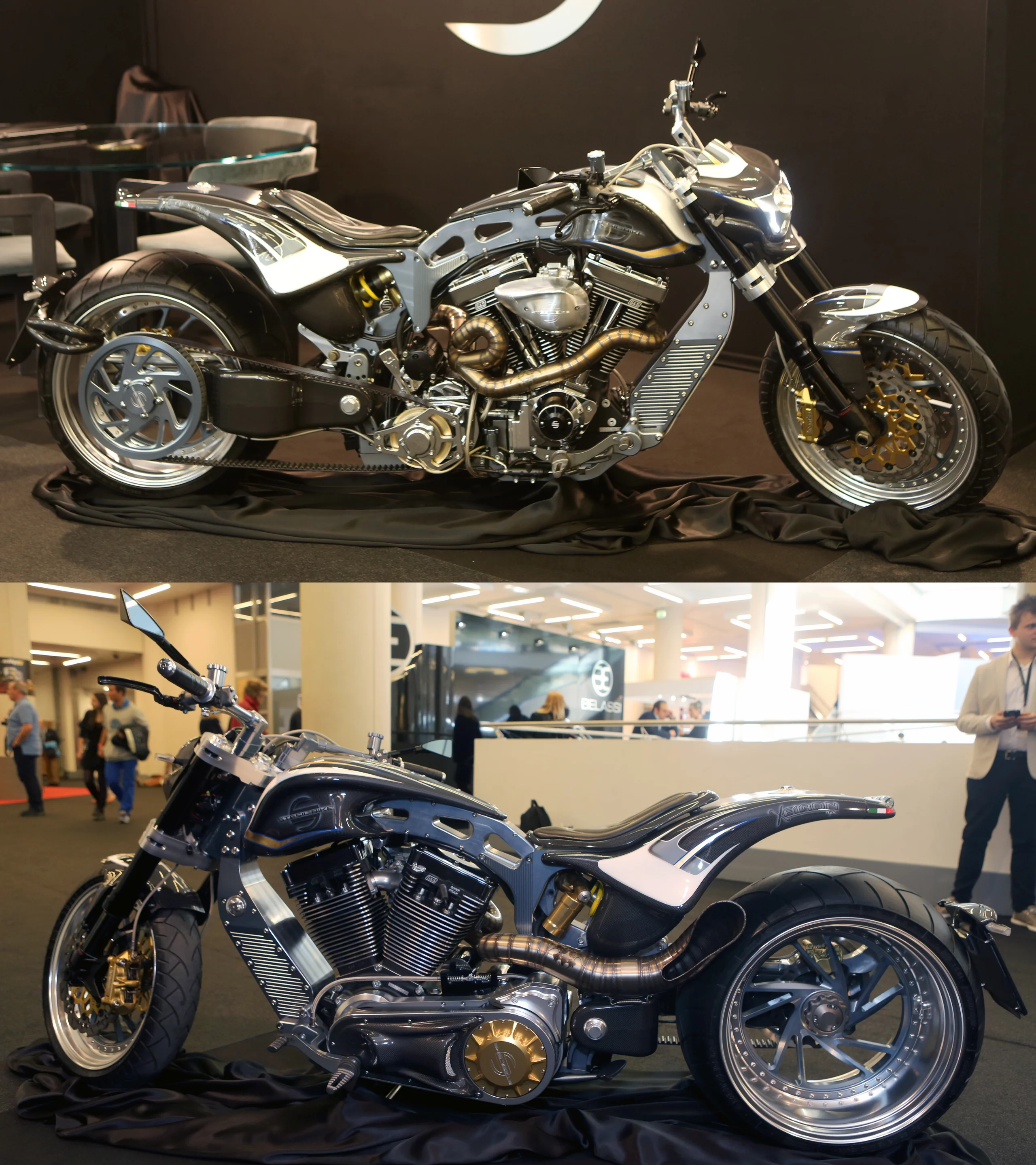 Custom motorcycles were in abundance at Top Marques with Italian motorcycle fabricator Stesilbike proudly displaying its new Cheiron (aptly named after a Centaur in Greek mythology), fresh from taking a string of awards in custom championships. At roughly $250,000 depending on the degree of personalisation, it isn't cheap, but it is clearly the result of a lot of work. The engine is a 110 hp, 96 ci S&S Super Stock V-twin, the single-sided swingarm is carbon, every single molecule is lovingly hand-crafted and even the frame is something special, created by much CNC milling so that it is entirely weld-free and comprises two concave symmetrical halves bolted together to form the fuel and oil tanks.