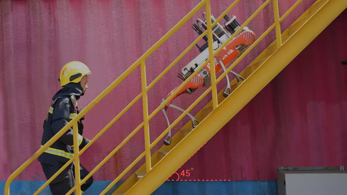 The fire rescue quadruped's joints have been improved to tackle 45-degree stairs and step heights of up to 40 cm