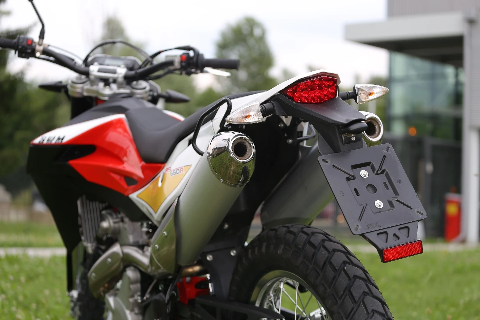 Twin exhaust cans are the standard on all Enduro and Supermoto models in SWM's 2016 lineup