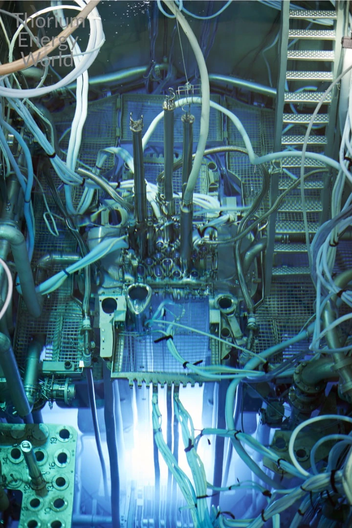 The inside of the Petten test reactor where the thorium salt is being tested is shining due to charged particles traveling faster than the speed of light in water