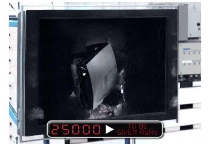 Point of impact ... the PS3 crashes into the Sony Bravia LCD TV at 50mph