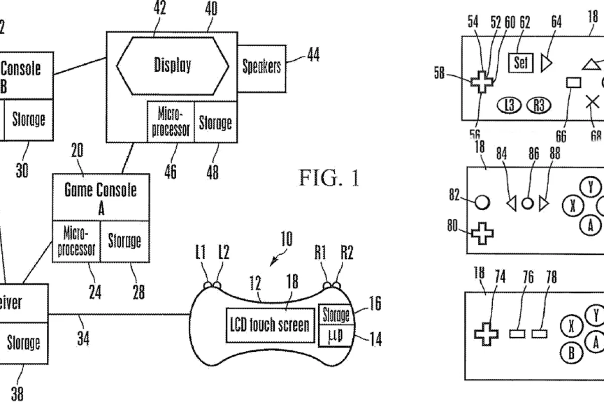 The patent application shows the controller and console setup (left) and different button configurations for the LCD touch screen (right)