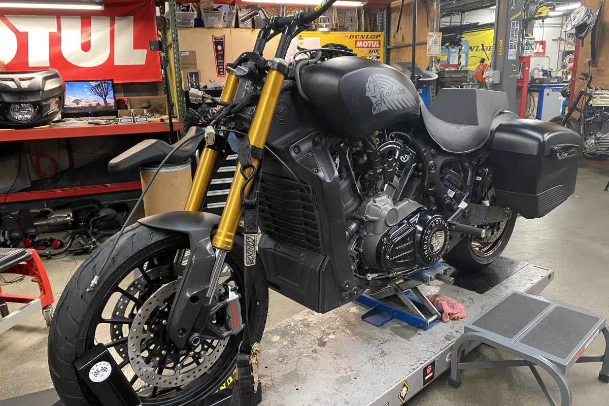 A longer set of forks, taken from Indian's own FTR1200, have been re-sprung and re-valved for the bike