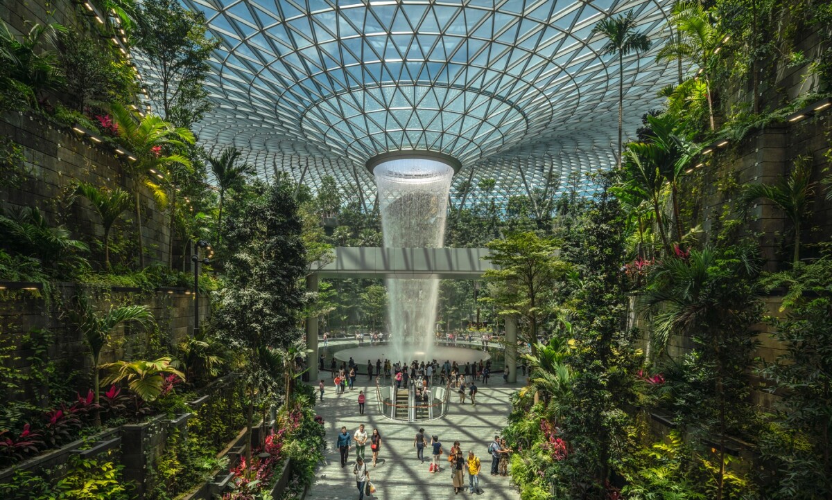 Singapore's Jewel Changi Airport, by Safdie Architects, is an airport that boasts the world's largest indoor waterfall