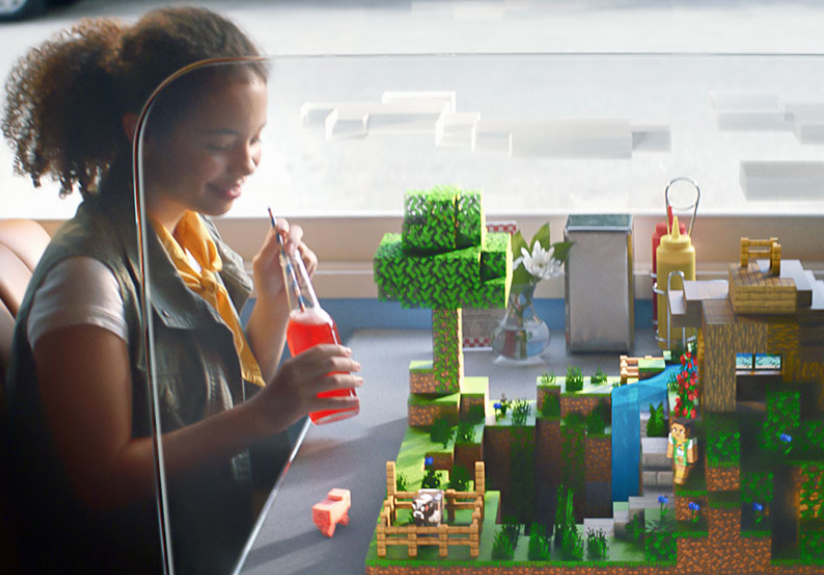Buildings in Minecraft Earth are constructed on a small tabletop scale like Lego, before being taken out into the real world and scaled up to life-size