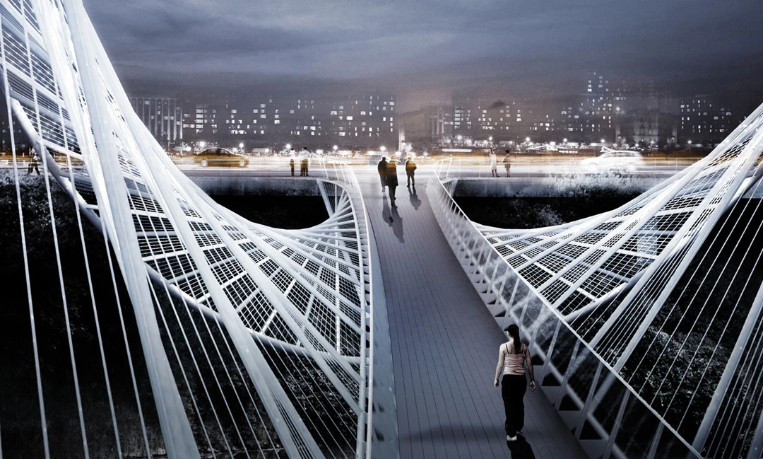 Two thirds of the bridge is suspended in order to span the entire width of the River Irwell, while the final third is supported by column (Image: penda)