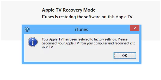 Apple TV has been successfully restored to factory, um, jailbreak settings