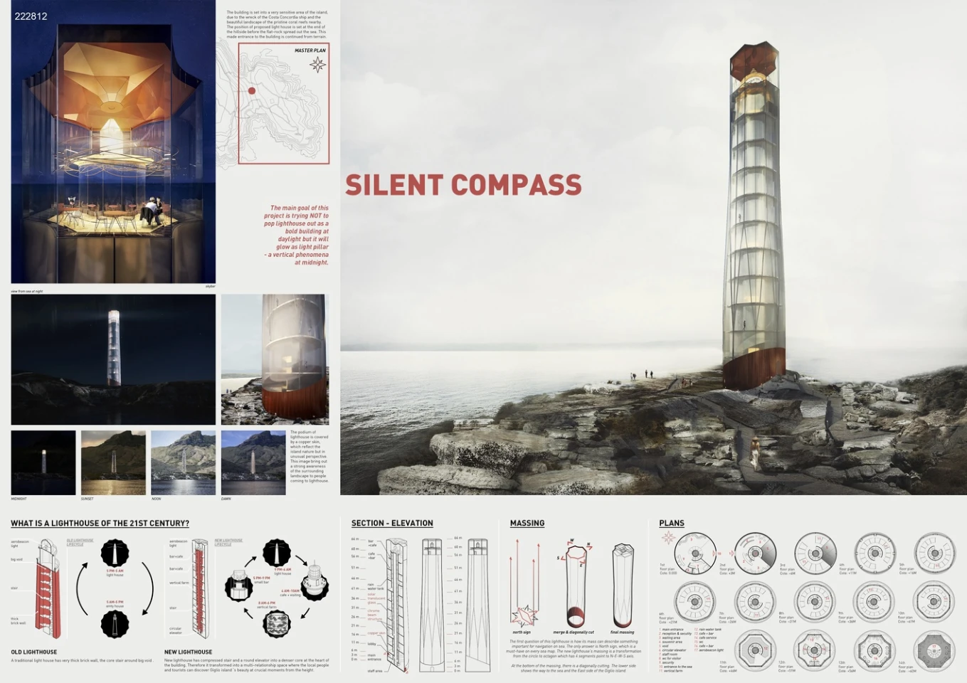 Runner-up Silent Compass heeds the classic lighthouse shape with a tubular structure that rises to a total height of 64 m (209 ft)