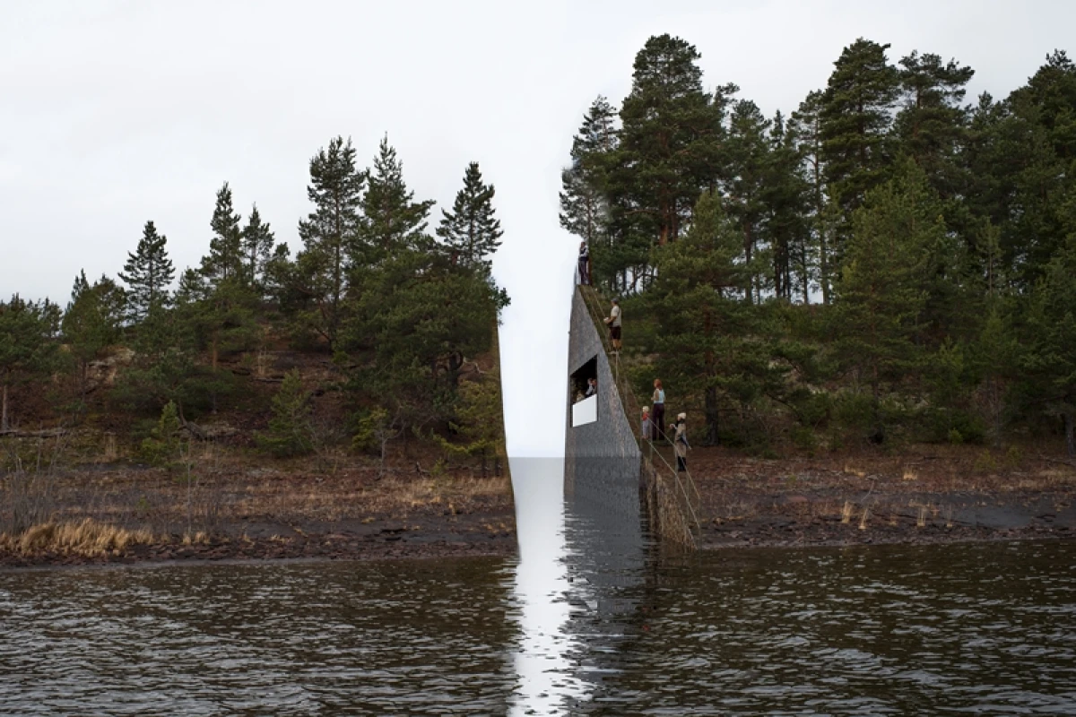 A memorial for the victims of Norway's July 22 terror attack will see a slice of land removed from the Sørbråten headland (Image: Jonas Dahlberg Studio, courtesy of KORO / Public Art Norway)