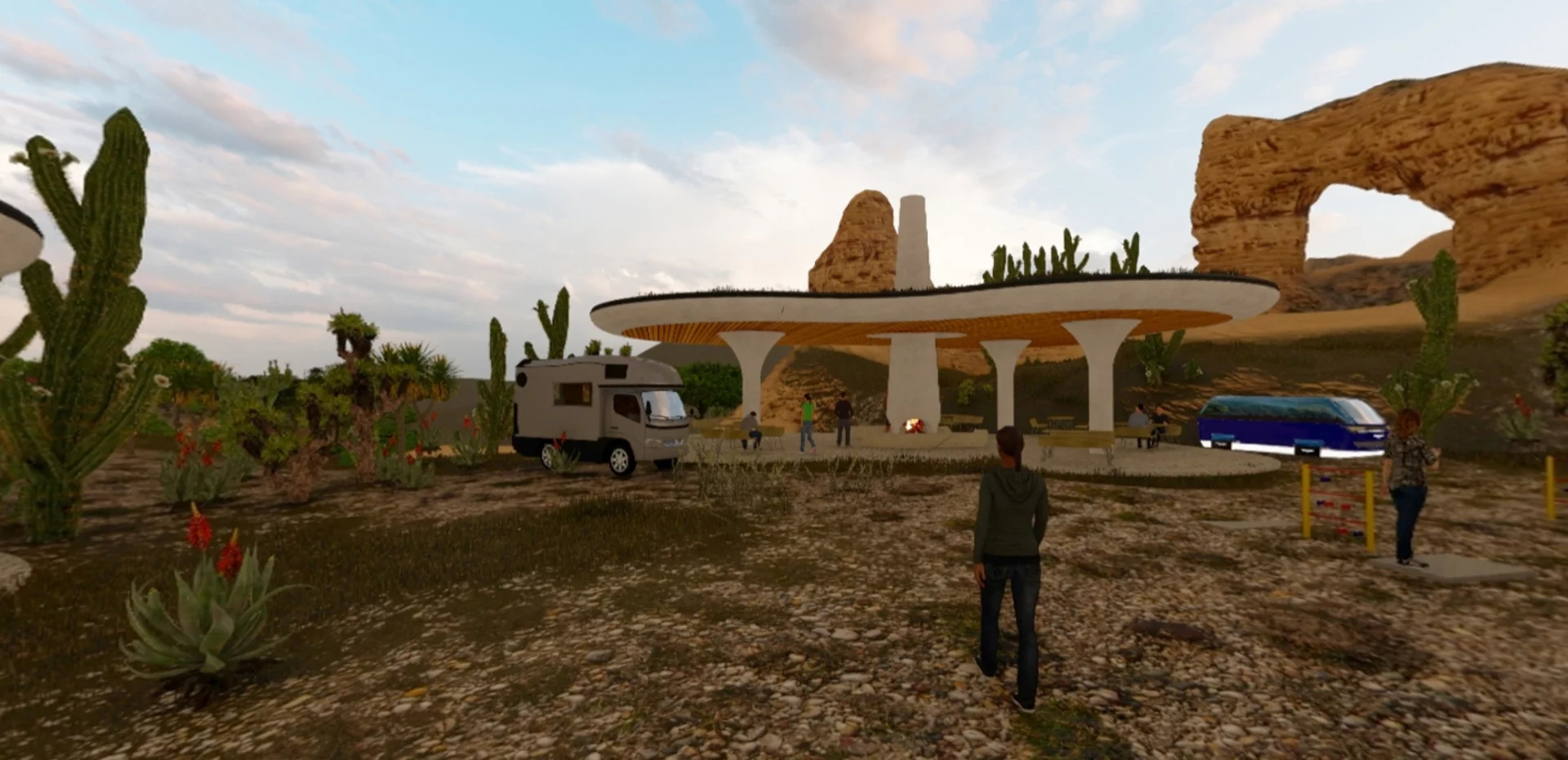 That sombrero-like pavilion offers a community gathering space, shade from the sun and solar power harvesting