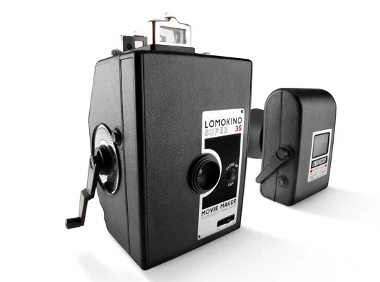 The LomoKino Super 35 Movie Maker lets low-tech film-makers shoot their own 35mm movies, by hand-cranking film through the device (the LomoKinoScope viewer is to the right)