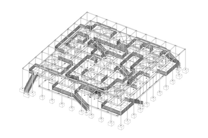The Study Pavilion floorplan can be easily reconfigured to meet the constantly-changing needs of a university campus. The reconfigurable Study Pavilion is a social hub with workspaces ranging from a communicative open area on the ground floor to intimate and individual learning islands on the upper floor, each with its own entrance. A series of interconnecting balconies interweave the building with the exterior, creating additional outdoor workspaces.