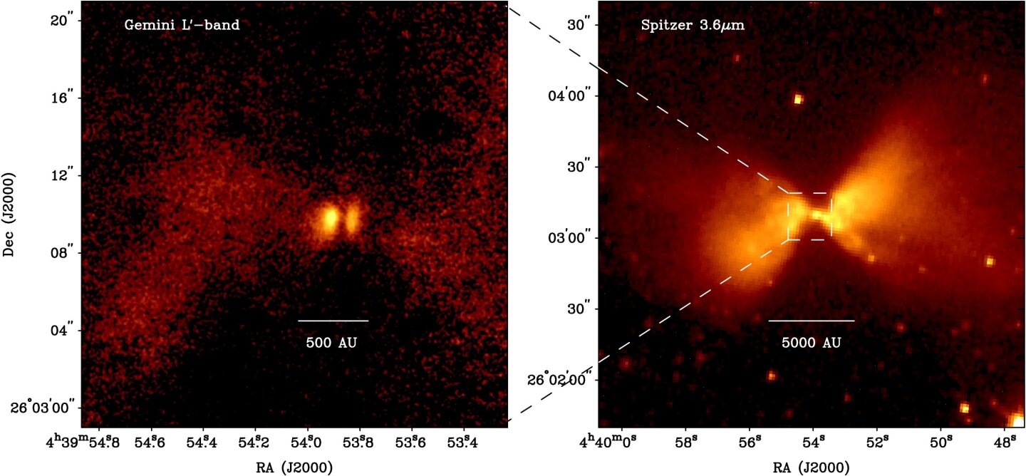 A pair of infrared images of L1527: On the right is an image from the Spitzer Space Telescope and on the left is a higher magnification view from the Gemini North telescope on Mauna Kea (Photo: Gemini Observatory)