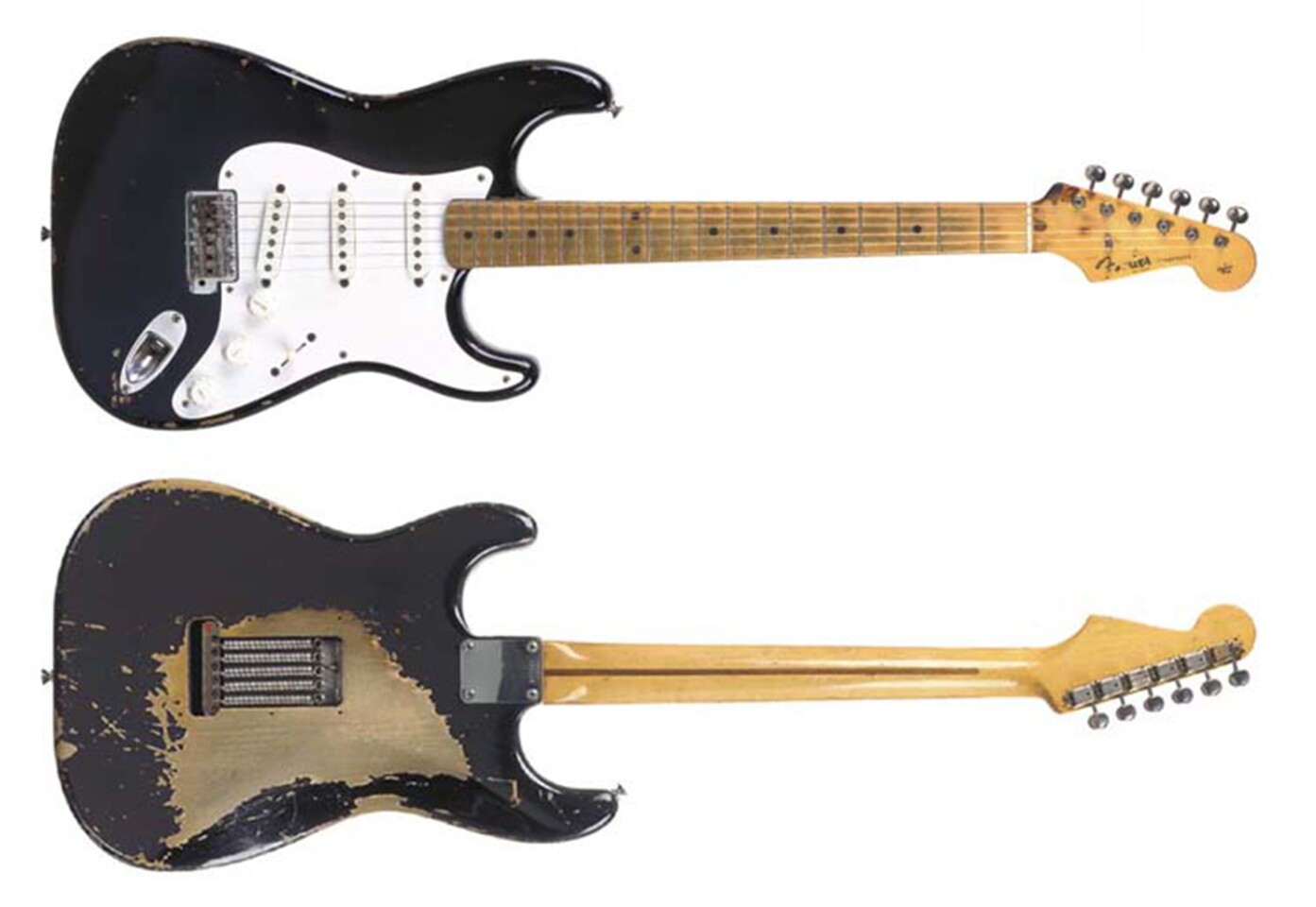 "Blackie" is a hybrid made up from the best bits of several vintage stratocasters. The legend goes that one day Clapton wandered into a a guitar shop in Texas, buying six vintage Fender Stratocasters for $100 each. He gave one each to George Harrison (The Beatles), Pete Townshend (The Who), and Stevie Winwood (Spencer Davis Group, Traffic, Blind Faith) and constructed Blackie from the other three. Used both on stage and in the studio from the early seventies to the mid eighties by Eric Clapton. Blackie shared the stage with Carlos Santana, Freddy King, The Band, Bob Dylan and Muddy Waters to name a few. Clapton recorded numerous albums on Blackie, including "461 Ocean Boulevard," "Slowhand," "No Reason To Cry" and "Just One Night." It sold for $959,500 at a Christies auction on 24 June, 2004
