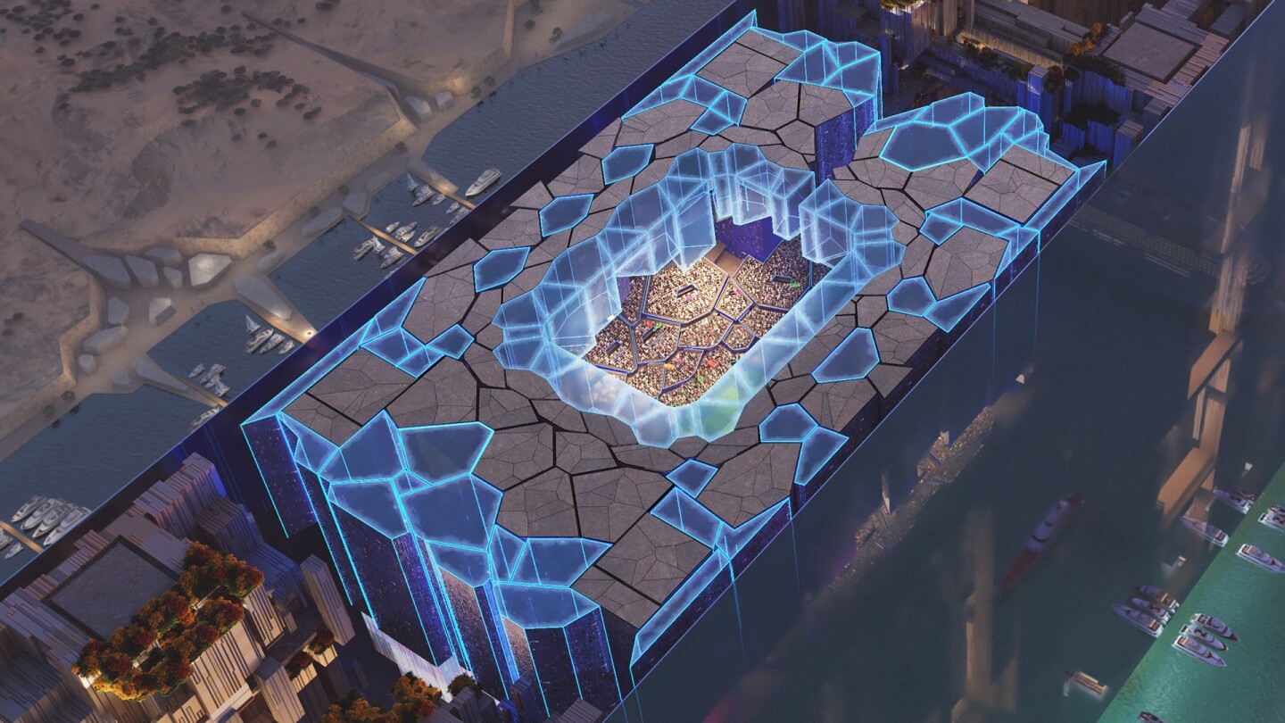 The Line's first phase, Hidden Marina, will host the 2034 World Cup soccer tournament in a large futuristic stadium on its uppermost floor