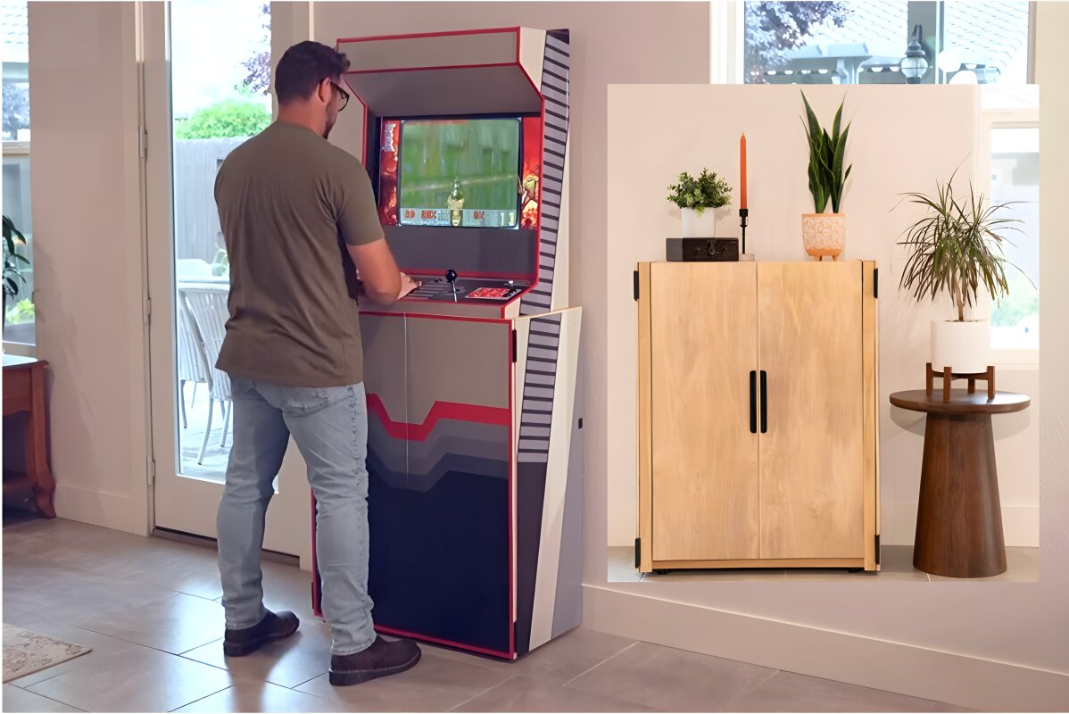 Full-size arcade gaming system folds into a cabinet when not in use
