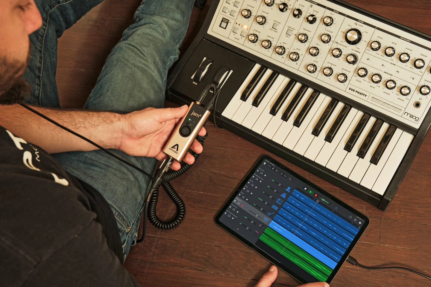 The Apogee Jam X will work with electric guitar, keyboards, synthesizers, bass guitar, and any acoustic instrument rocking pickups
