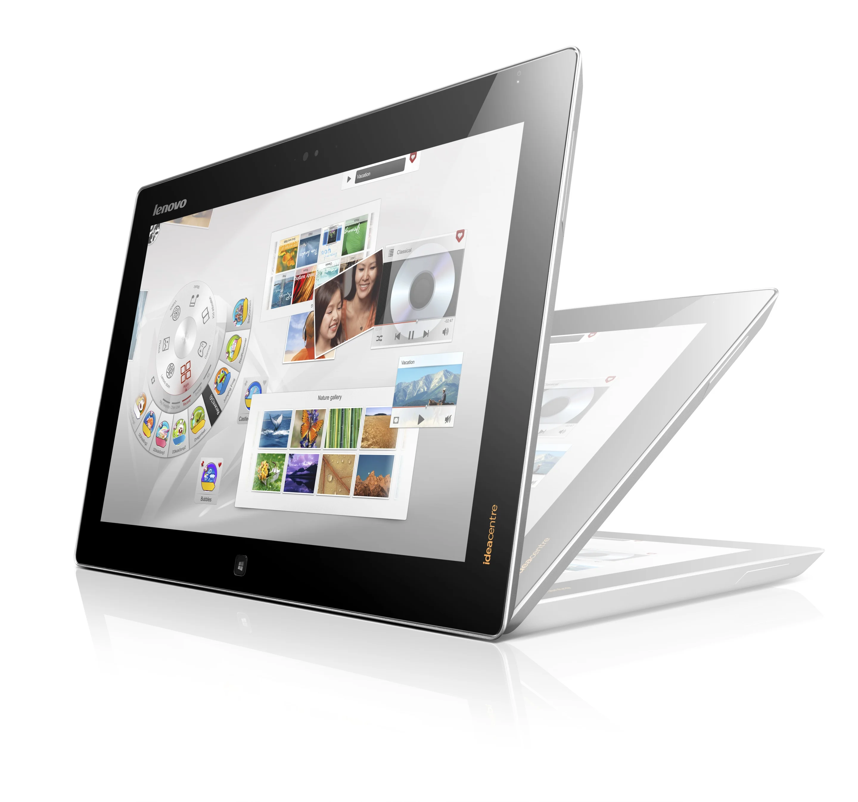 A nifty hinge mechanism allows screen angle adjustment from fully upright to between 15 and 70 degrees, and can also be pushed flush with the housing at the rear for a tabletop tablet experience.