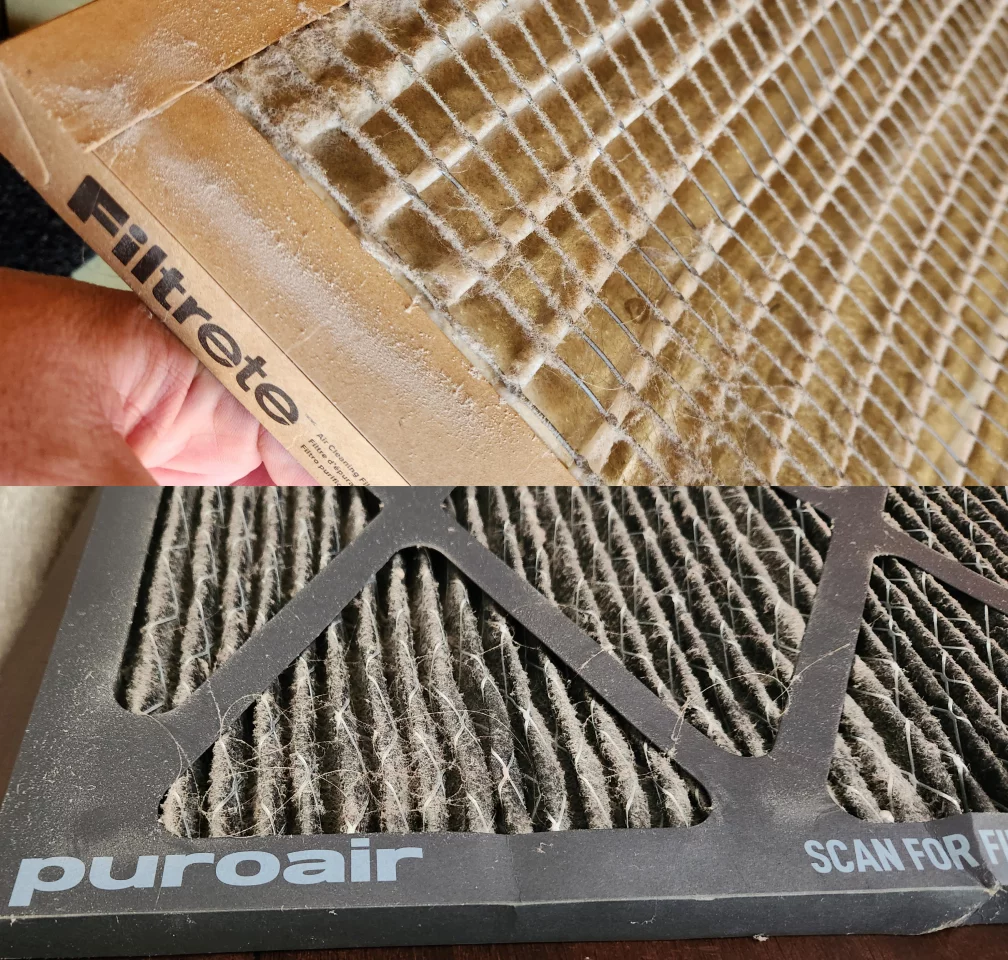 Top: 3M filter after 31 days of use. Bottom: PuroAir Mega Filter after 45 days of use. PuroAir says good for up to three months, but not in my house. And I promise you, we keep the house clean. We're not dirty people!
