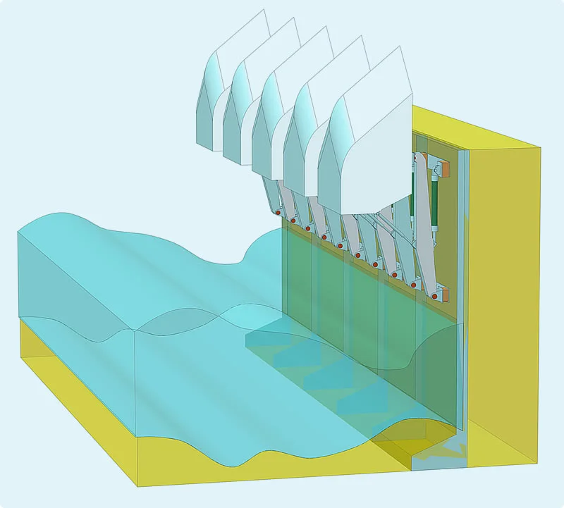 If a storm is detected by the onboard sensors, the Wave Clapper floats are lifted out of the water to prevent damage