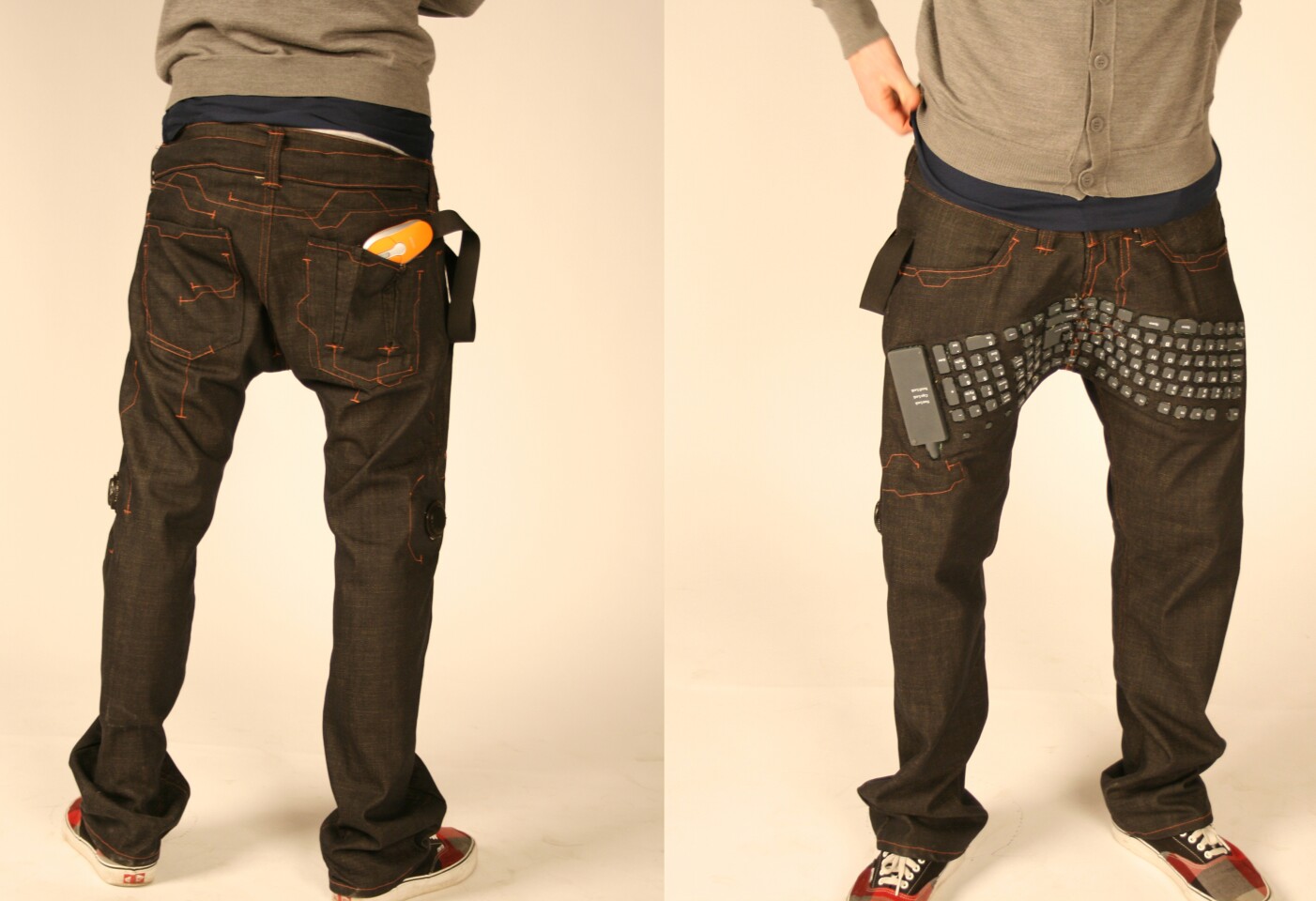The jeans come with a mouse attached by a sturdy-looking strip of elastic material
