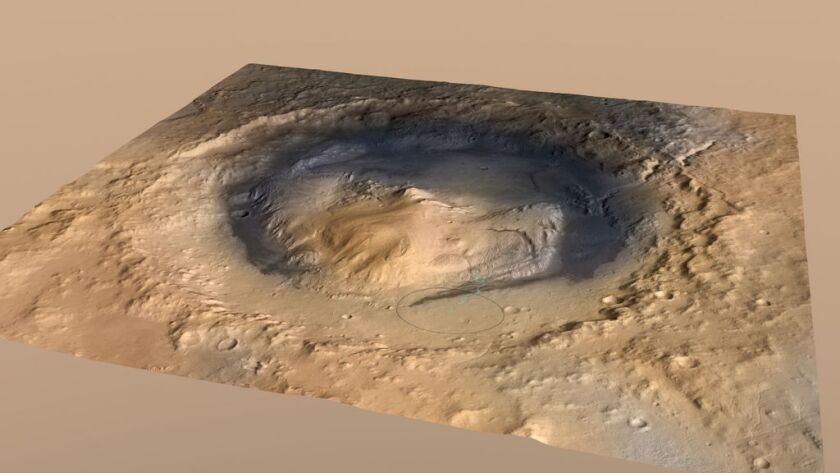 Gale Crater, Mars, with landing target for the Curiosity marked by an ellipse, near Mount Sharp