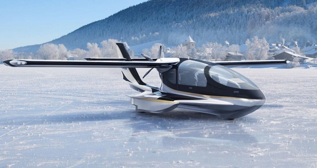 A render of the Horizon X3 amphibious aircraft, the "modernized SeaBee" which formed the basis for the Cavorite X5 hybrid VTOL design