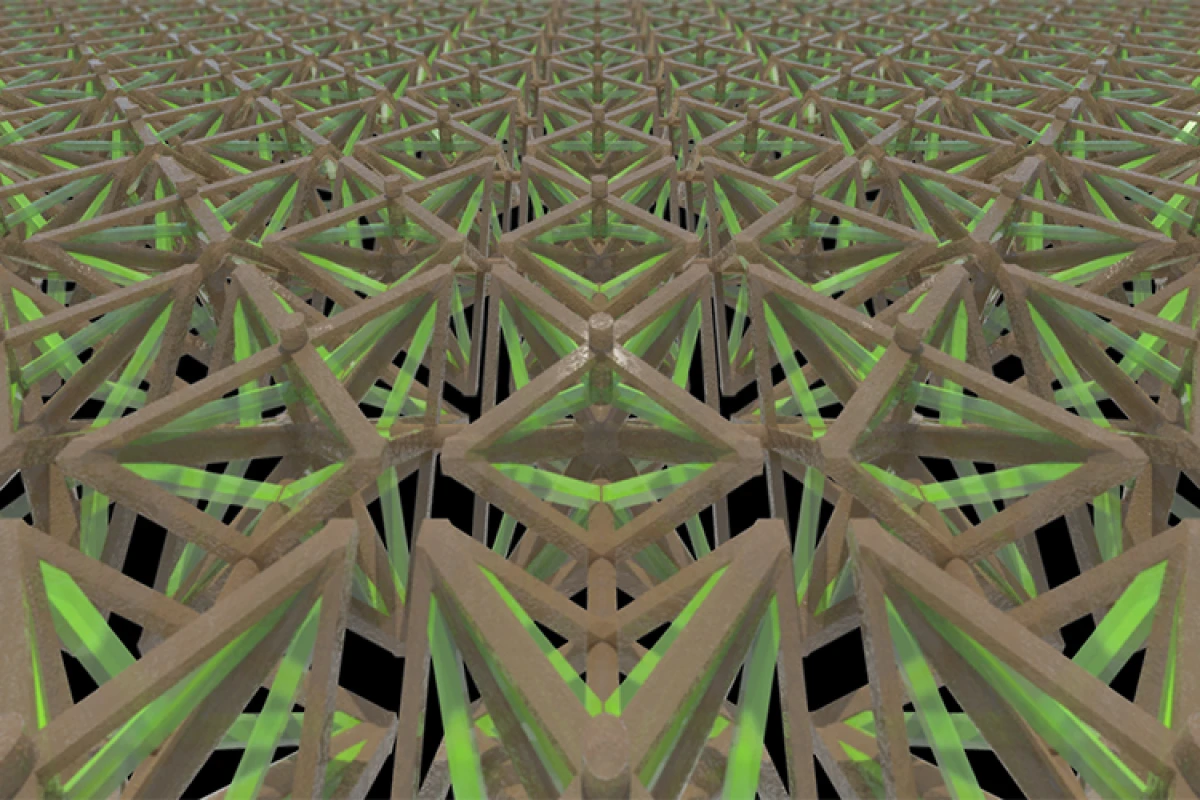 A bi-material microlattice structure, 3D printed from polymer and a polymer/copper composite material, can flex inward, causing the structure to contract when exposed to heat over a range of tens to hundreds of degree