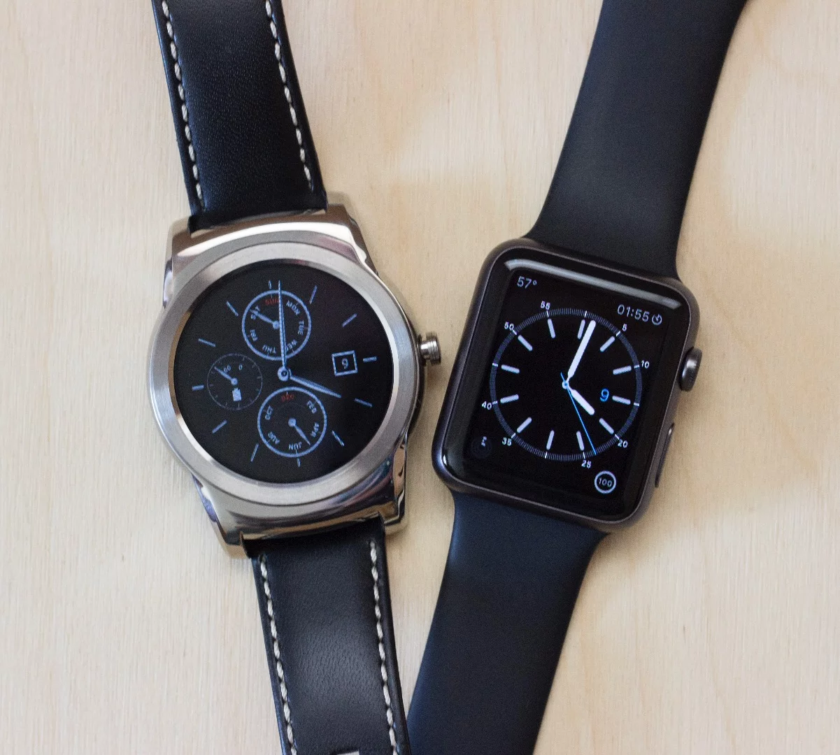 If wearables are on your radar, then your phone of choice will dictate your options: the Watch Urbane, left, requires and Android phone while the Apple Watch requires an iPhone