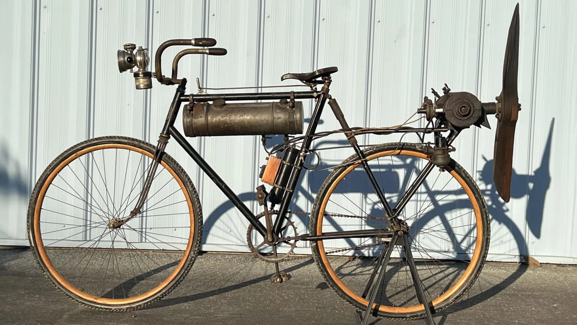 This 1918 Pierce bicycle with cushion frame and fitted with an Aerothrust Conversion
