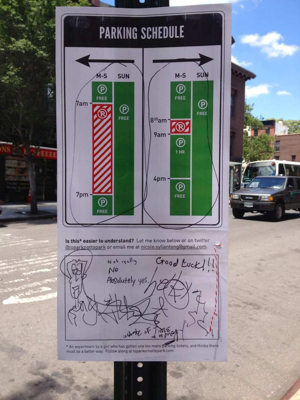Redesigned parking sign, put up beneath the original sign with public comments (and stolen marker)