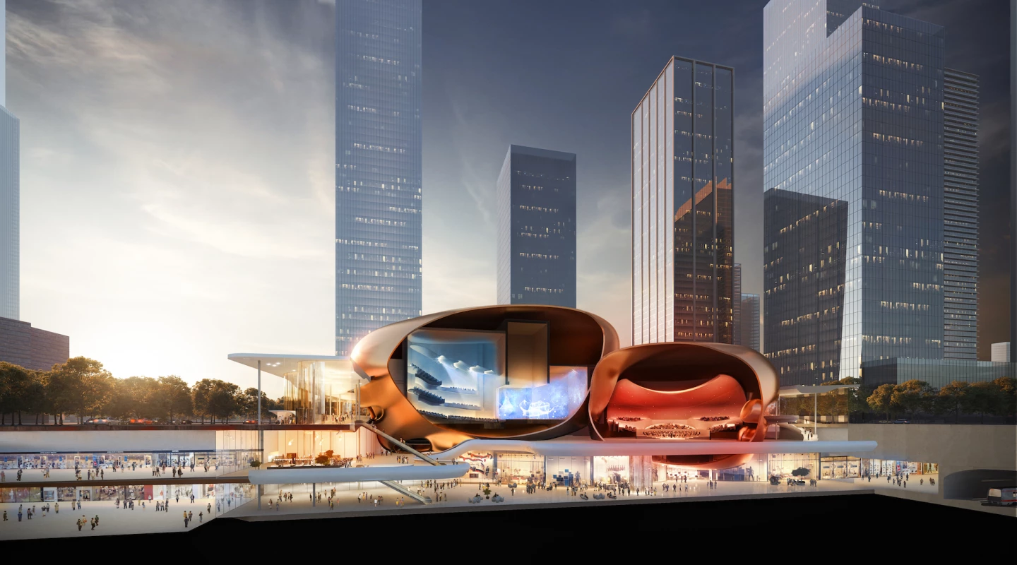 The People's Performing Arts Center will be defined by two large golden egg-like structures that host performance spaces