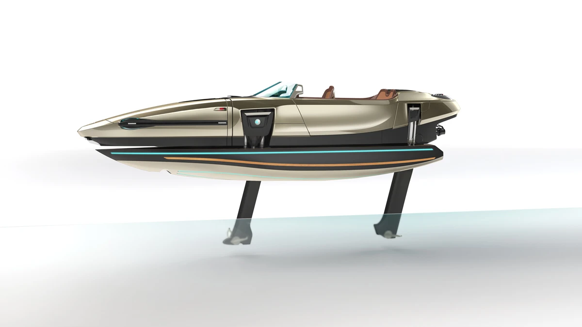 The fold-out hydrofoils allow the Kormaran to ride above the surface of the water