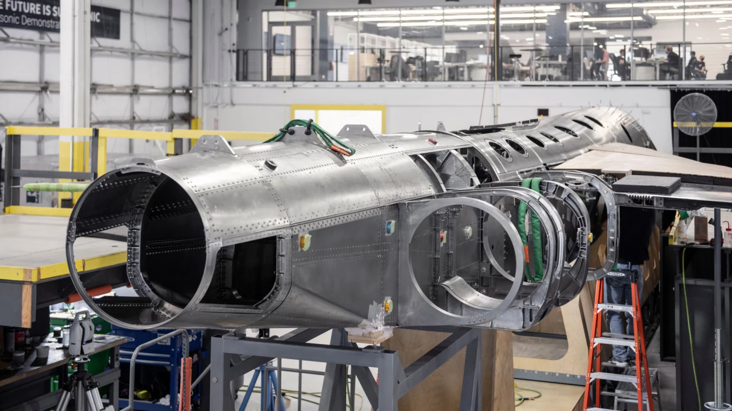 The XB-1 airframe just before the General Electric J85-15 turbojet engines are installed