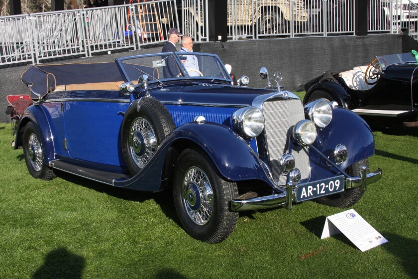 This 1938 Mercedes-Benz 320 Cabriolet B was the winner of the Mercedes-Benz (Pre 1947)Class at Amelia Island. The car was built in Mercedes-Benz' Mannheim plant, which is still in operation 80 years later, and remarkably still has the original jack mounted on the firewall and the original tools in the tool kit. This particular car has an additional "Autobahn Gear" which is operated by a separate floor-mounted gearshift. The current custodians are Mary and Ted Stahl of Chesterfield, MI.