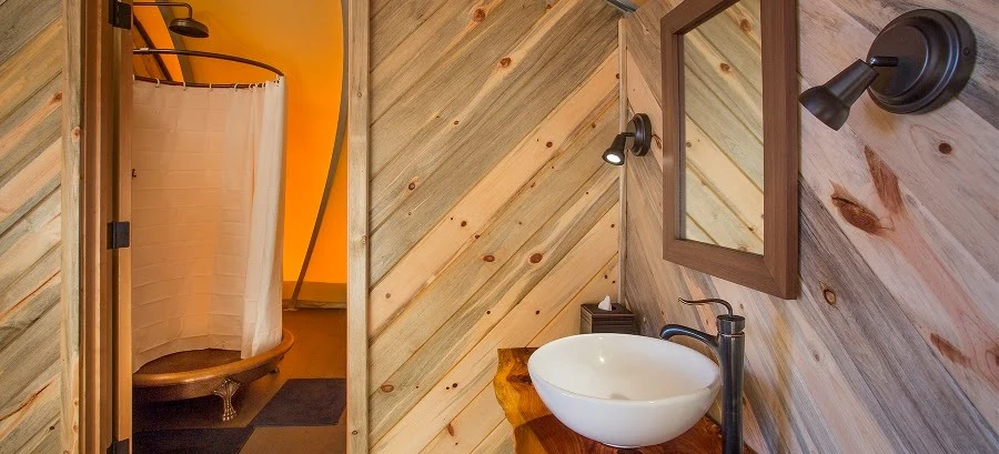 The interior includes a bathroom with shower, and a kitchenette