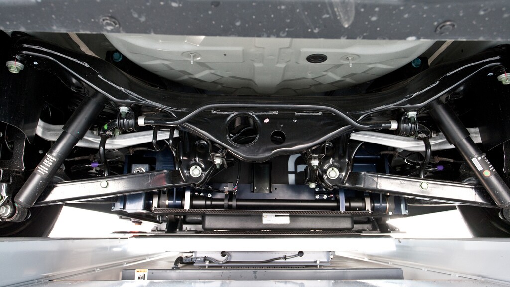 Underbelly of electric taxi during battery switch process