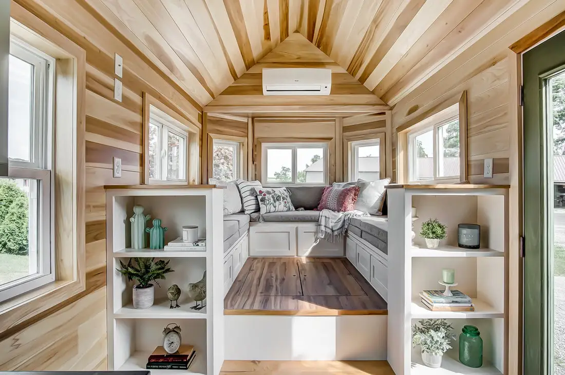 The Clover's living room has built-in shelving