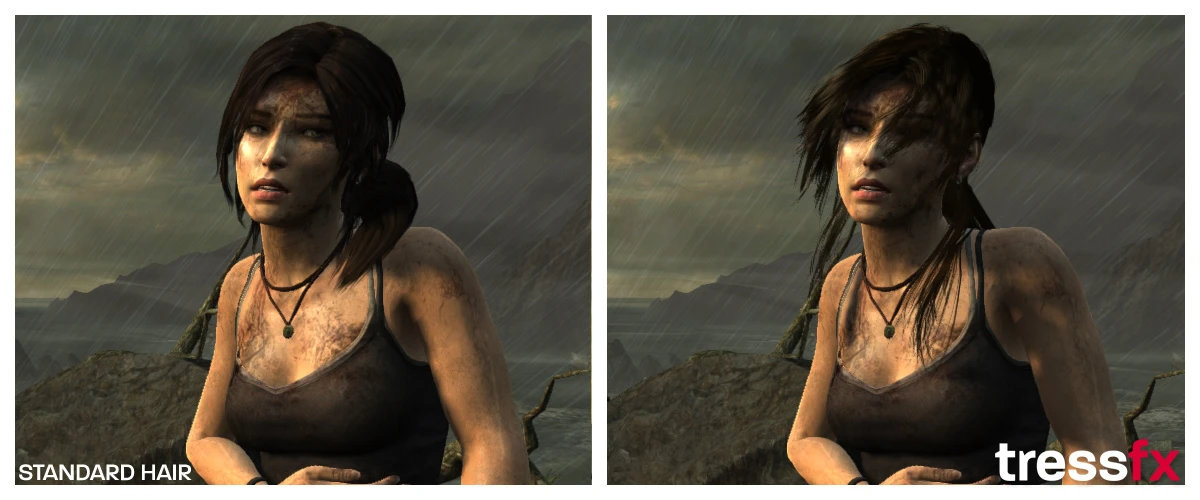 Stranded on a beach in driving rain, Lara’s hair hangs heavy and matted with TressFX Hair; the real-time physics calculations account for both moisture and wind